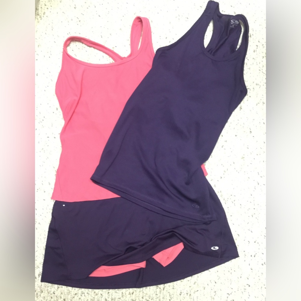 3 piece Champion Eggplant Tank, Coral Sport Top & Eggplant and Coral Skort